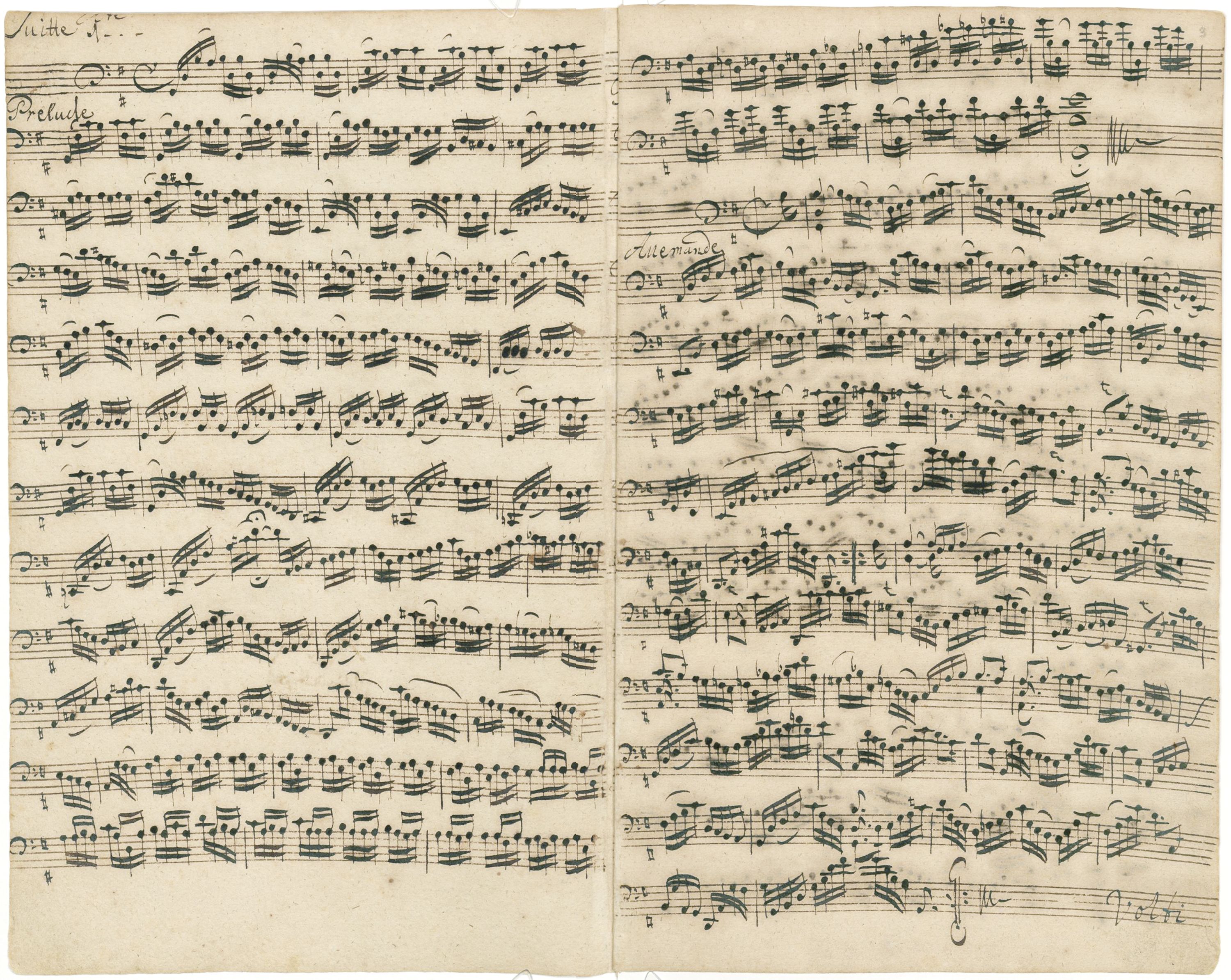 Facsímil d'Anna Magdalena Bach del Preludi de la Suite per a violoncel núm. 1 (BWV 1007), de Johann Sebastian Bach. El manuscrit original del compositor no s'ha trobat.