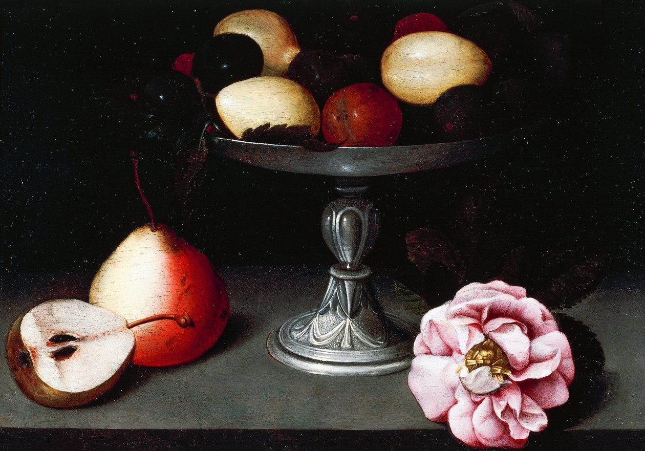 Fruitera amb peres, prunes i una rosa, c. a 1602