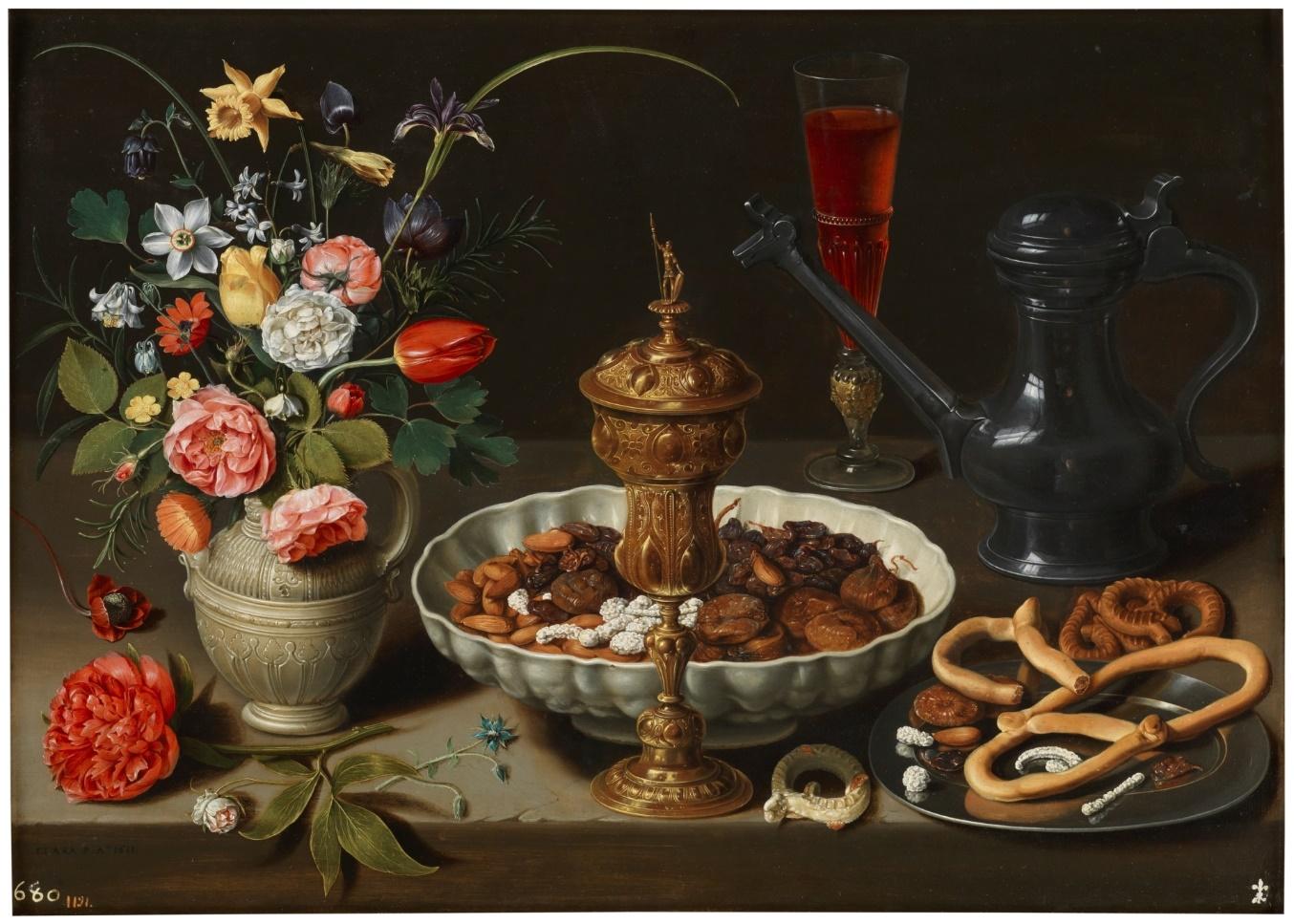 Bodegó amb flors, copa de plata daurada, ametlles, fruits secs, dolços, panets, vi i gerra de peltre, 1611