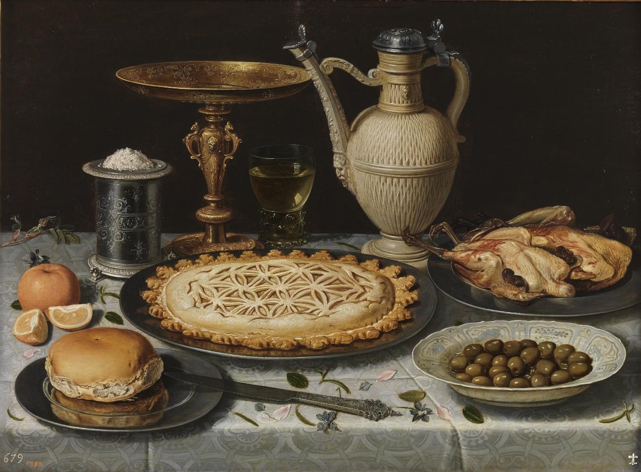 Taula amb estovalles, saler, copa daurada, pastís, gerra, plat de porcellana amb olives i aus rostides, 1611