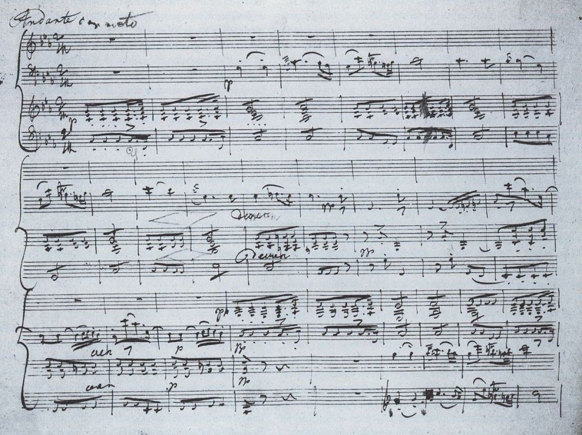 Autògraf de l'inici del segon moviment del Trio núm. 2 per a piano, op. 100. de Schubert. Domini públic - Wikimedia Commons