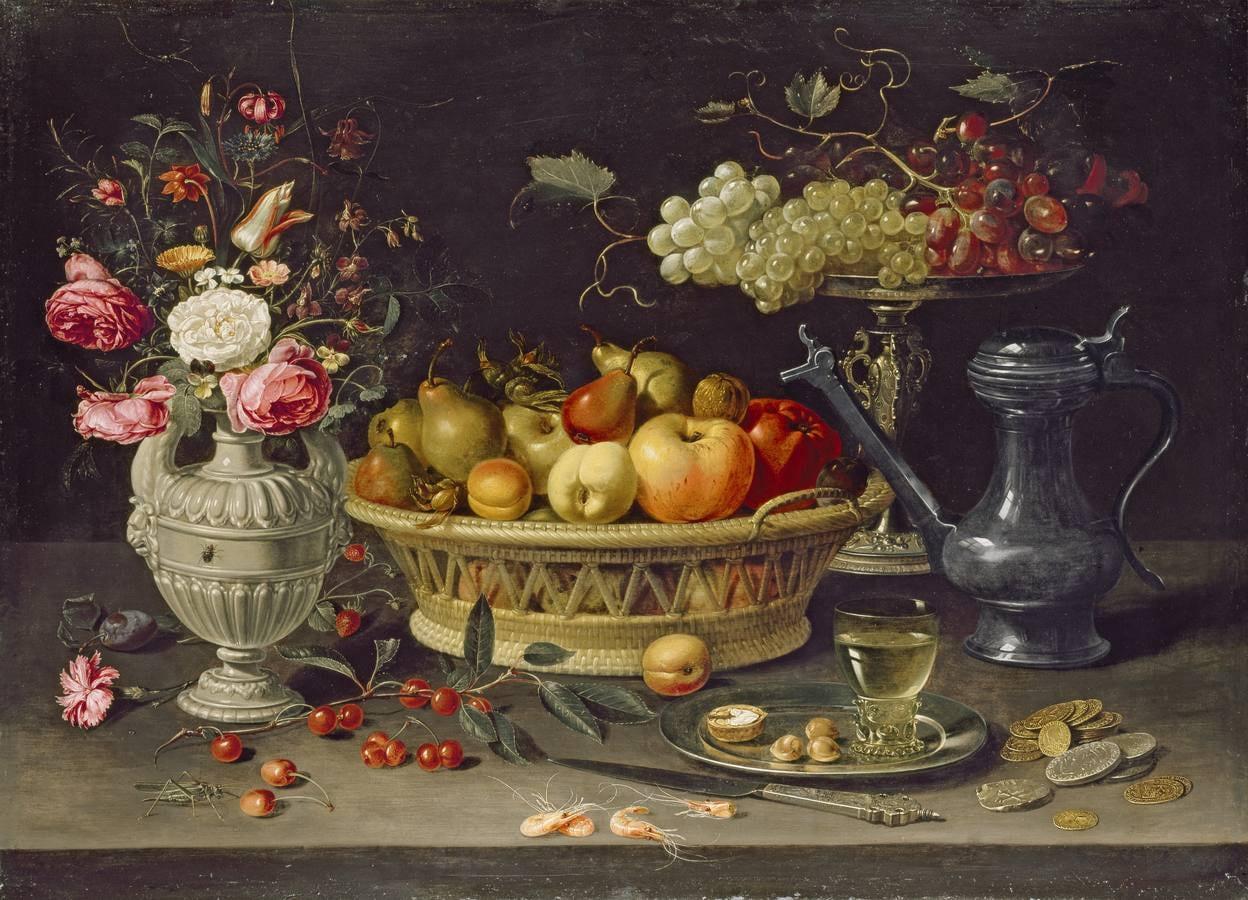 Bodegó amb flors, fruites, copa de plata daurada, fruits secs, vi i gerra de peltre, 1612:1613