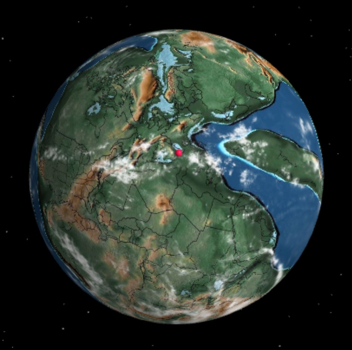 El mapa del món fa 200 milions d'anys (el puntet vermell indica on era Tarragonahttps://dinosaurpictures.org/ancient-earth/#240) 