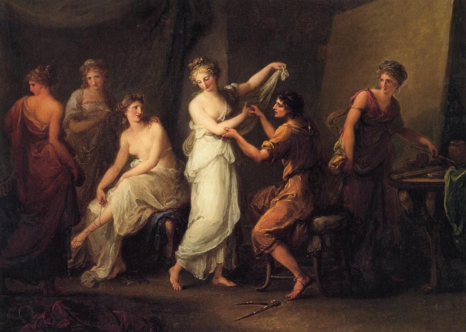 Zeuxis triant a les models per la seva pintura d’Helena de Troia, c. a 1778 (Angelica Kauffman, Suïssa)